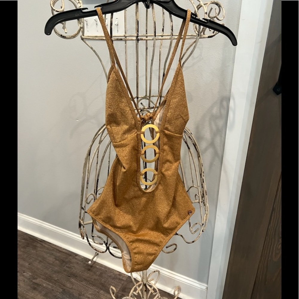NWT Agua de Coco One Piece Gold Metallic Swimsuit with chest Rings